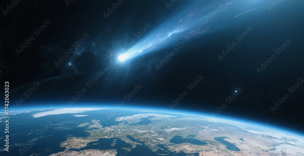 Fototapeta premium Comet hitting Earth universe disaster sci-fi movie poster background