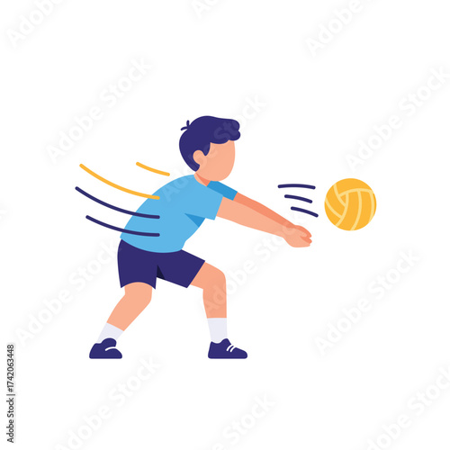 Young boy in blue shirt and shorts playing volleyball, demonstrating a defensive bump with motion lines indicating movement.