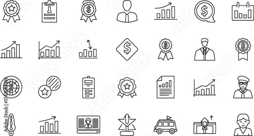 Business and Finance Line Icons – 30 Black-and-White Vector Illustrations of Awards, Charts, Professionals, and Global Communication