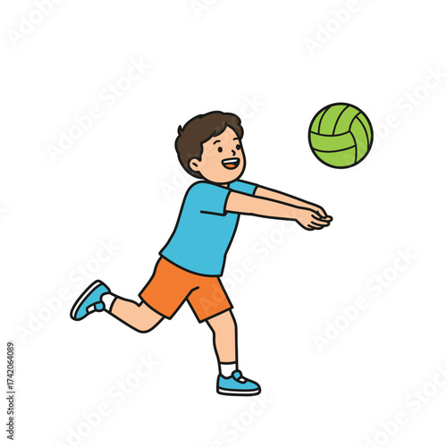 Young boy actively playing volleyball, practicing a bump pass with a cheerful expression during outdoor recreation.