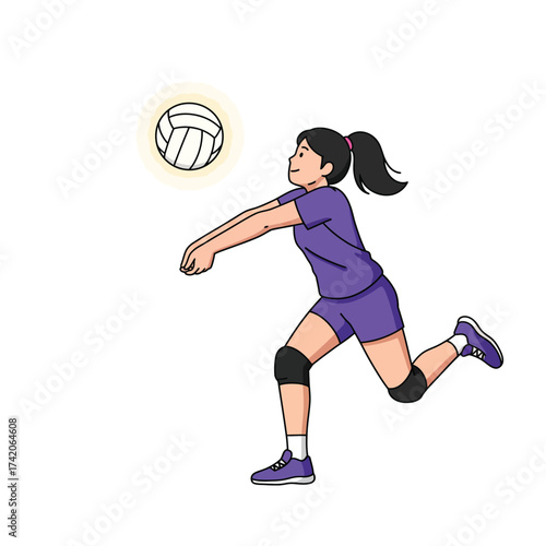 Young woman in athletic uniform plays volleyball, demonstrating a skillful bump with focus and determination on the court.