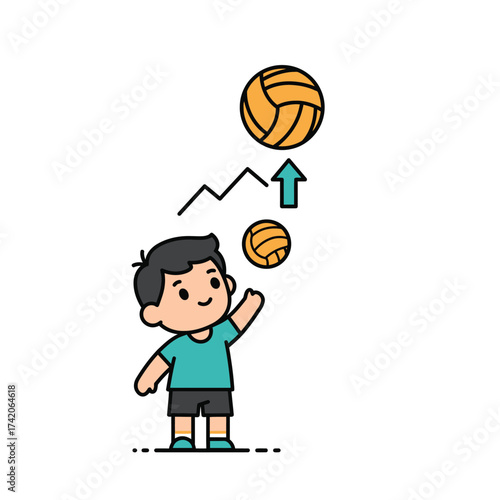 A cheerful young boy happily plays with volleyballs, symbolizing growth and active childhood recreation.