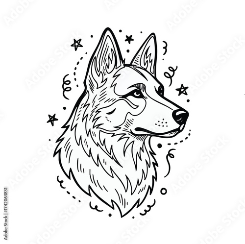 Loyal Canine Portrait: A detailed illustration of a canine's head, exhibiting a calm and focused gaze, enhanced with artistic elements that add to the visual appeal.