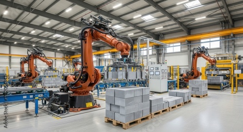 Modern Automated Factory with KUKA Robotic Arms Palletizing Concrete Blocks on an Industrial Production