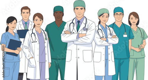 Unified Medical Team in Professional Attire – Diverse Group of Doctors and Nurses in Lab Coats, Scrubs, and Surgical Caps with Stethoscopes and Clipboard