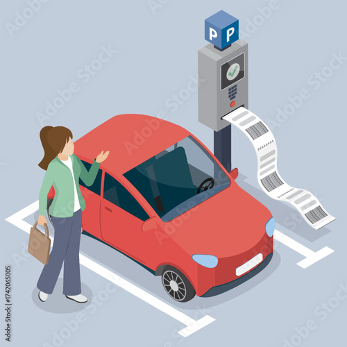 A female driver is surprised and upset by a large parking meter bill. Parking zone with payment system and red car. 3d flat isometric vector illustration.