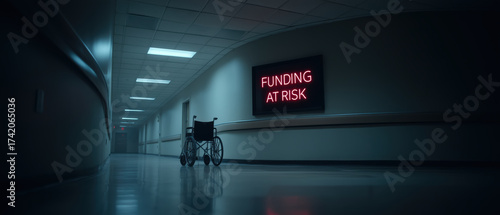 Empty Dark Hospital Corridor, Wheelchair and Neon Sign Displaying Funding at Risk — Healthcare Crisis