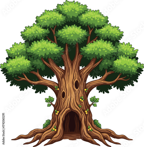 Ancient tree illustration, hollow trunk tree, cartoon forest artwork, green leafy branches, outdoor nature design, woodland plant, eco environment, landscape drawing