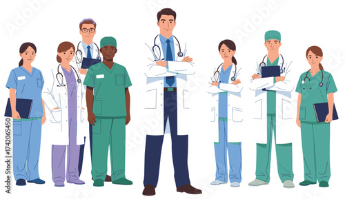 Medical Team Unity and Professionalism – Diverse Group of Healthcare Workers in Uniforms with Clipboards and Stethoscopes