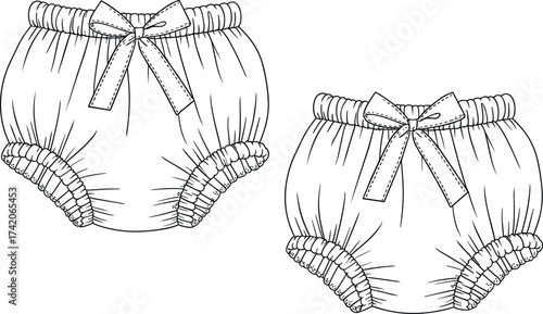 Baby bloomers illustration, infant diaper cover sketch, toddler clothing design, cute baby underwear drawing, children apparel outline, newborn fashion vector style