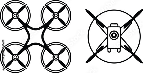 Drone Icons Vector Illustration Graphic Design Elements for Modern Technology and Aerial Photography Projects Presenting Quadcopter Silhouette and Drone with Camera Symbol