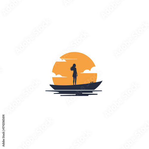 Serene solitude a lone figure awaits the sunrise in a tranquil boat scene silhouette Flat design vector illustration isolated on a white background
