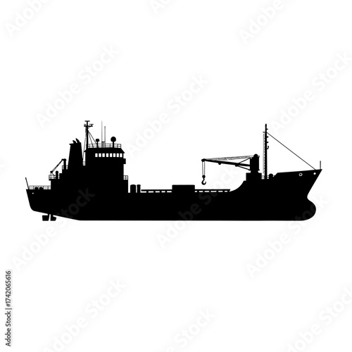 Silhouette of a cargo ship navigating ocean waters maritime transportation scene silhouette Flat design vector illustration isolated on a white background