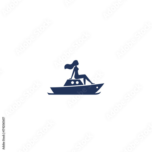 Serene woman relaxing on a modern yacht at sea silhouette Flat design vector illustration isolated on a white background