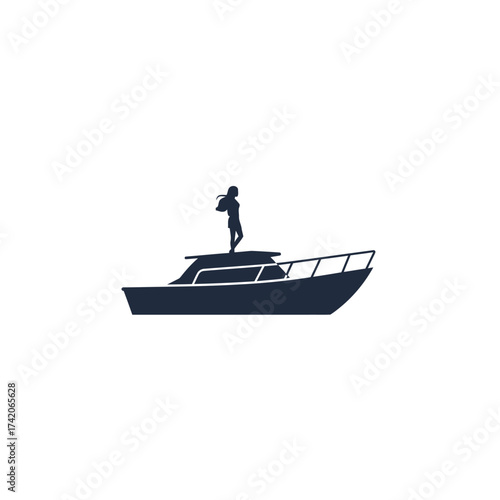 Silhouette of a person standing on a boat deck enjoying a scenic view silhouette Flat design vector illustration isolated on a white background