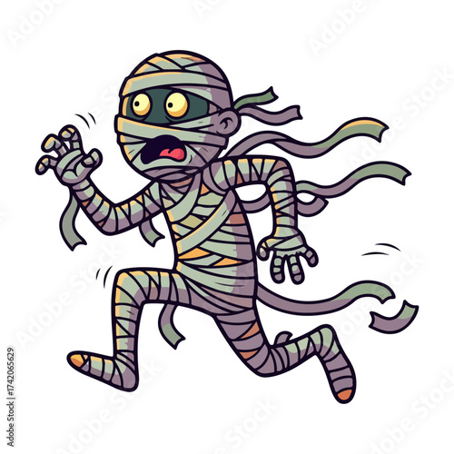 Cartoon Mummy Vector Running Clumsily with Unraveling Bandages