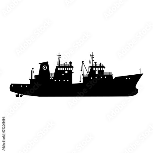 Silhouette of a large fishing trawler vessel at sea for maritime transportation silhouette Flat design vector illustration isolated on a white background