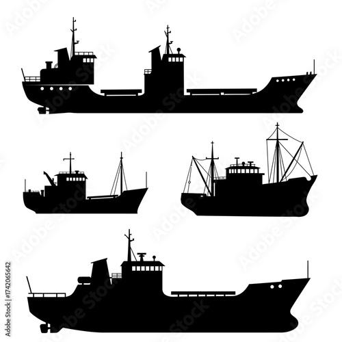 Diverse fleet silhouettes maritime vessels collection nautical transportation cargo ships and trawlers silhouette Flat design vector illustration isolated on a white background