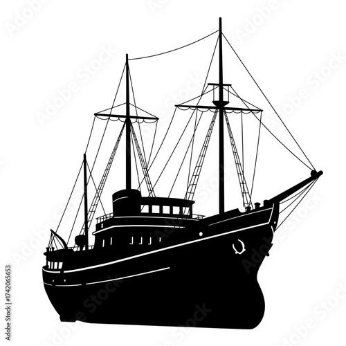 Silhouette of a majestic tall ship with detailed rigging and sails on open sea silhouette Flat design vector illustration isolated on a white background