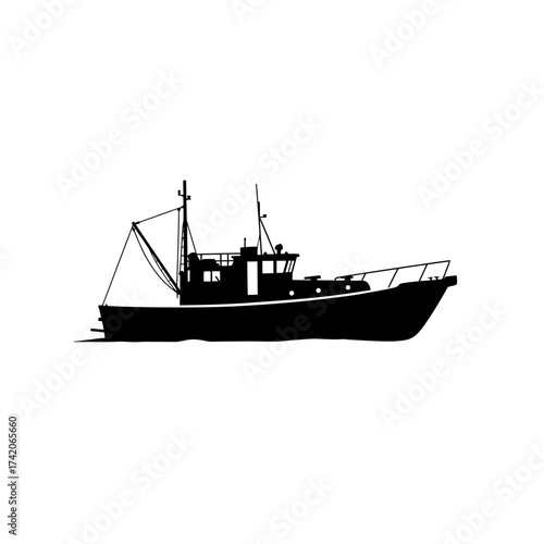 Silhouette of a fishing boat on the water capturing maritime adventure and seafaring spirit silhouette Flat design vector illustration isolated on a white background