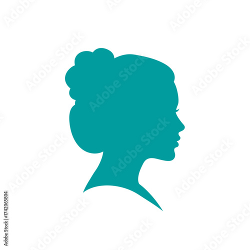 Elegant teal silhouette of a woman's profile with updo hairstyle silhouette Flat design vector illustration isolated on a white background