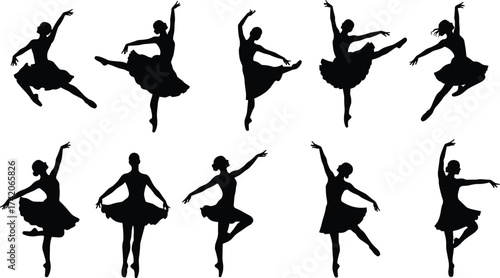 Ballet dancer silhouettes vector, elegant ballerina poses, classical dance performance illustration, graceful woman silhouette art, black dance movement design
