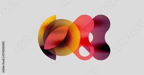 Abstract colorful shapes overlap, creating dynamic visual composition. Warm tones dominate, with gradients, smooth transitions. Modern design element.