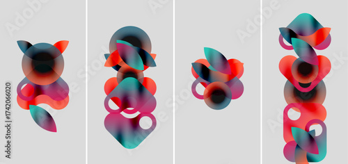 Abstract colorful shapes overlap, creating dynamic compositions. Gradient hues blend, forming visually interesting patterns. Minimalist background enhances forms.