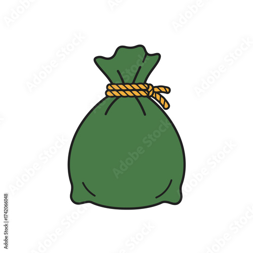 Green money bag tied with rope icon symbolizing wealth finance and savings silhouette Flat design vector illustration isolated on a white background