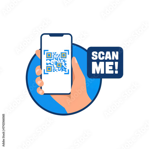 Hand Holding Smartphone Displaying QR Code with Scan Me Message on Transparent Background