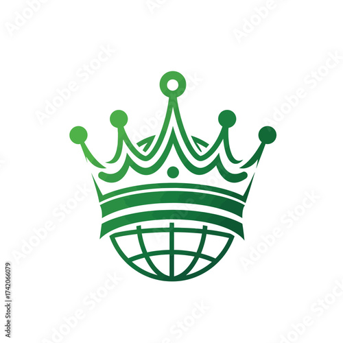 A stylized green crown atop a globe symbolizes leadership, success, and global influence in a modern design.