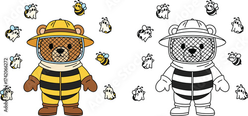  Adorable Cartoon Bear in Beekeeper Suit with Ghost Bees and Regular Bees, Sweet Halloween Fun