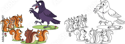 Angry Cartoon Crow Arguing with a Group of Squirrels on Grassy Patches, Animal Conflict Illustration