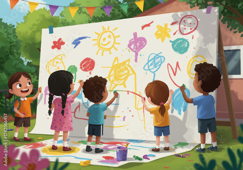 Childrens Collaborative Art Project on Large Canvas Outdoors.