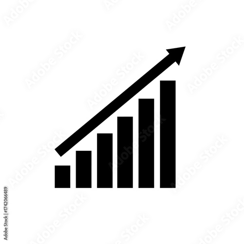 Ascending bar chart with upward arrow symbolizing growth and success silhouette Flat design vector illustration isolated on a white background