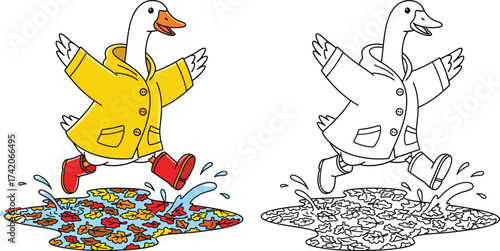 Cheerful Cartoon Goose Splashing in Autumn Puddle with Raincoat and Boots