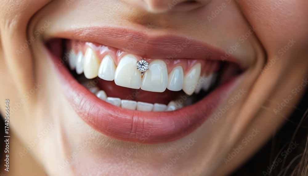 Fototapeta premium Close-up of woman showing perfect white teeth and a shiny diamond dental decoration. She smiles broadly, revealing a unique, sparkling mouth accessory. Glamour and beauty.