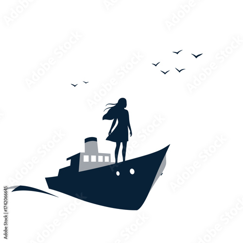 Silhouette of woman standing on ship bow looking towards distant birds and horizon silhouette Flat design vector illustration isolated on a white background