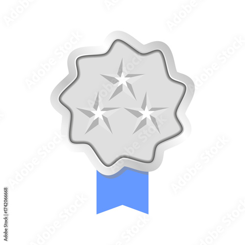 Shiny Silver Star Achievement Badge with Blue Ribbon, ​Premium Quality Silver Award Seal or Certificate Icon, Wavy-Edged Metallic Medal with Central Star Design