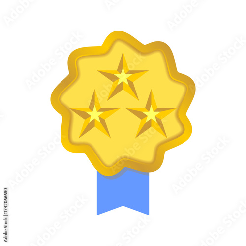 Shiny gold  Star Achievement Badge with Blue Ribbon, ​Premium Quality gold Award Seal or Certificate Icon, Wavy-Edged Metallic Medal with Central Star Design