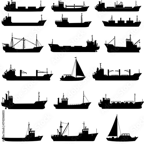 Diverse collection of ship silhouettes cargo ships tugs and sailboats for maritime design projects silhouette Flat design vector illustration isolated on a white background