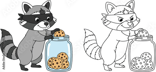 ischievous Cartoon Raccoon Stealing Cookies from a Jar