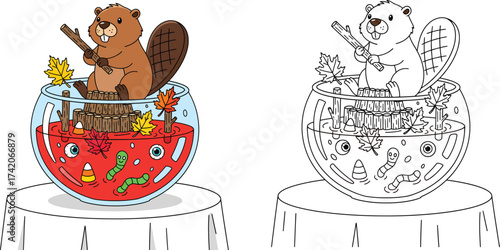 Quirky Cartoon Beaver in a Halloween Punch Bowl with Spooky Decor - Festive Animal Fun