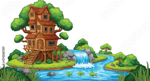 Beautiful wooden treehouse with red roof, surrounded by forest trees, river stream, waterfall, nature landscape illustration, eco friendly outdoor design
