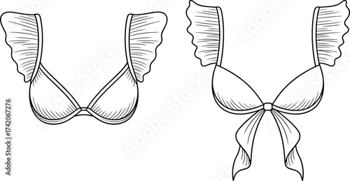 Bikini top illustration, lingerie fashion sketch, stylish bra design, women’s swimwear drawing, feminine clothing outline, sexy beachwear, ruffle straps, vector