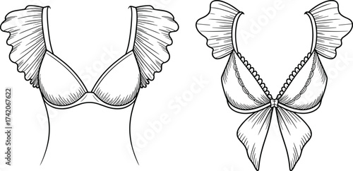 Bikini top sketch, fashion lingerie illustration, stylish swimwear vector, ruffle sleeve bra design, bow detail bikini drawing, apparel technical sketch