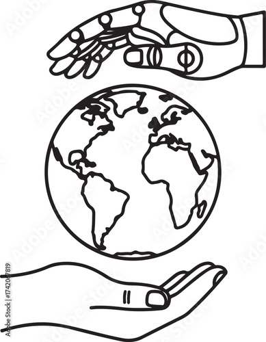 Vector art of robot hand and human hand holding a globe, representing global cooperation and technology in the world