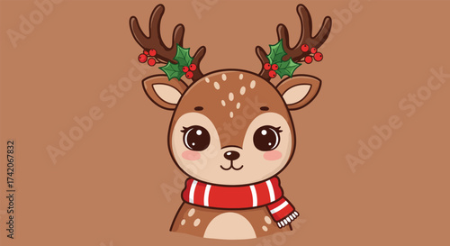 Adorable cartoon reindeer with festive antlers and scarf.