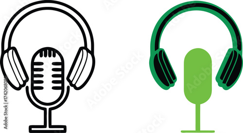 Podcast equipment illustration showcasing microphone and headphones in contrasting styles for audio production and broadcasting applications