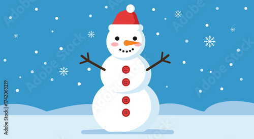 Cheerful Cartoon Snowman with Red Hat and Carrot Nose in Snowy Landscape.